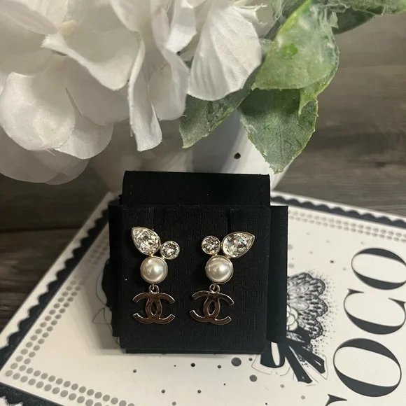 CHANEL Gold CC Faux Pearl Crystal Dangle Earrings
